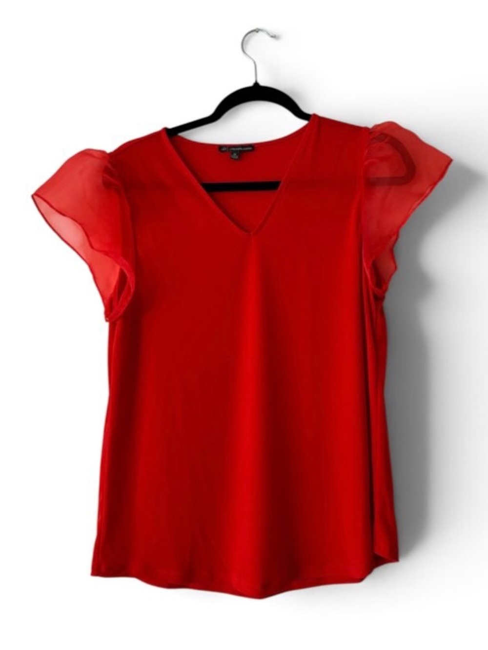 Adrianna Papell Red Sheer Organza Flutter Sleeve V Neck Blouse Top Size M